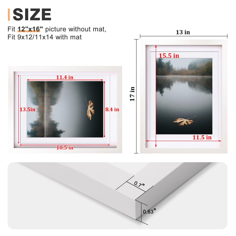 Egofine 12x16 Picture Frames White Set of 2 - Solid Wood Frames With Plexiglass Front, Display 9x12 or 11x14 Mat for Table Top and Wall Mounting - Image 3